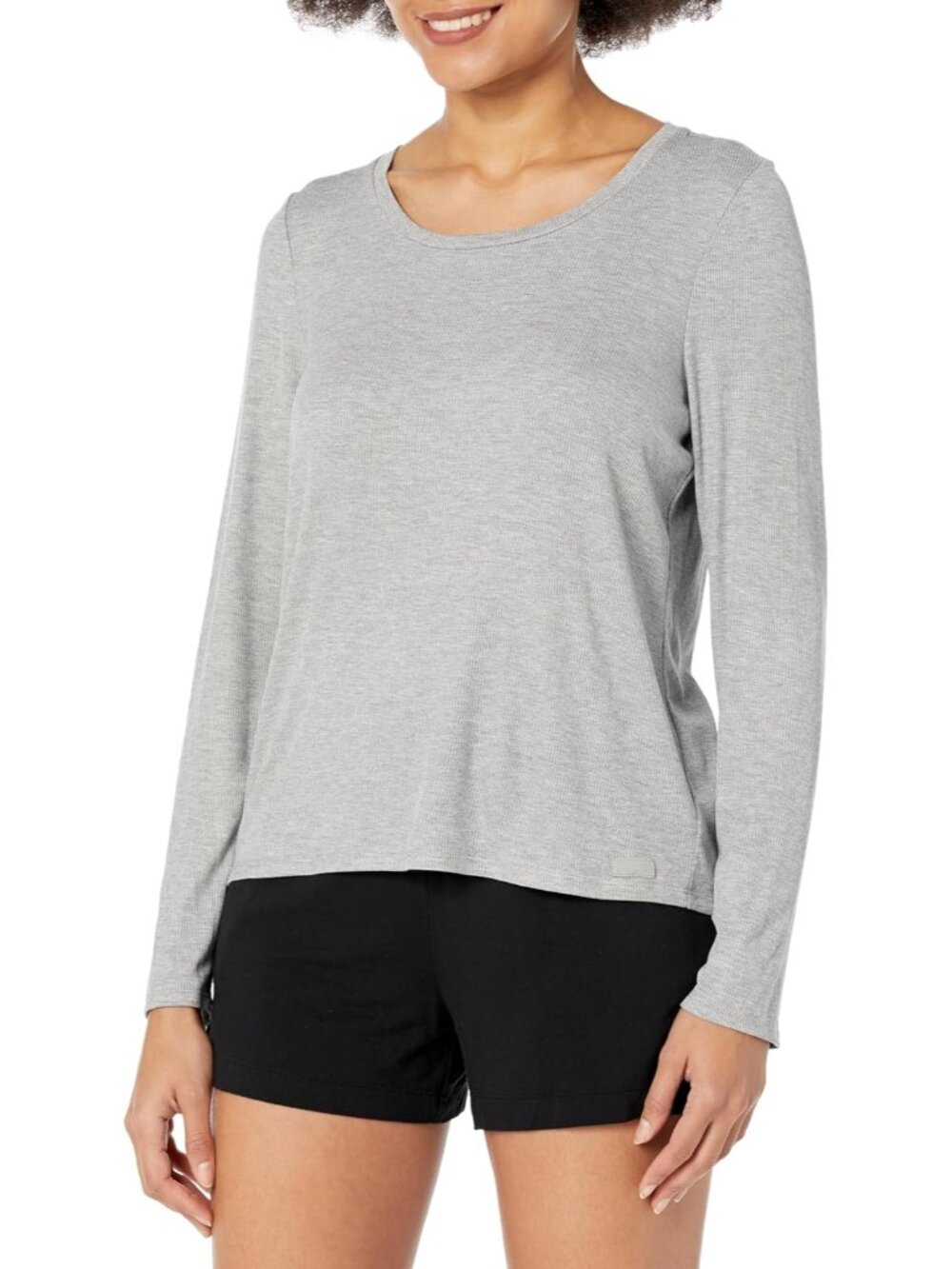 Steve Madden Women's Heither Grey Ribbed Long Sleeve Crew Neck Sleep Tee Shirt
